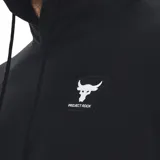 Buzo Under Armour de hombre, color negro, con capucha y cordones ajustables. Presenta el logo de Project Rock en el pecho y la inscripción "Project Rock" en la manga izquierda.