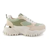Championes urbanos Korium Adahia, color beige con detalles en verde y dorado.