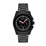 Reloj Armani Exchange modelo Parker, color negro con detalles en rojo y blanco. Cuenta con cronógrafo de cuarzo, caja de acero de 42mm y malla de acero.
