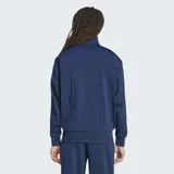 Campera deportiva Adidas Originals Firebird Drop Needle de color azul marino, con cierre frontal, cuello alto y bolsillos laterales. Presenta las clásicas tres tiras blancas en las mangas, el logotipo del Trifolio bordado en el pecho y un sutil patrón de rayas verticales en relieve.
