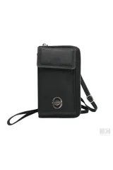 Porta celular Las Oreiro de diseño vertical, con solapa frontal y cierre perimetral. Presenta un aplique metálico circular con el logo de la marca en el frente y correa larga ajustable para llevar al hombro o cruzado.