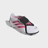 Championes de fútbol Adidas Predator League FT FG, color blanco con detalles en fucsia y negro, con lengüeta plegable y tapones para terreno firme.