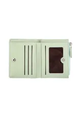 Monedero de cuero sintético color negro, con cierre de broche imantado, compartimentos para tarjetas, visor transparente para identificación y bolsillo exterior con cierre.