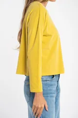 Remera oversize de manga larga color marrón, con cuello redondo y efecto de lavado. Presenta un pequeño bordado en forma de estrella en la parte inferior.