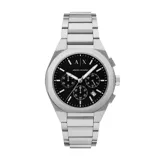 Reloj Armani Exchange modelo Sync con caja plateada de acero inoxidable y esfera negra con cronógrafo y calendario.