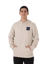 Buzo con capucha Columbia modelo Beaumount Hoodie, color beige claro, con bolsillo canguro frontal y parche con logo de la marca en el pecho.
