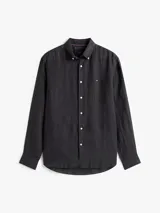 Camisa de hombre Tommy Hilfiger de lino color negro, de corte regular, con cuello clásico, cierre con botones, mangas largas y logo bordado en el pecho.