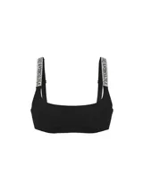 Bralette sin forro e inalámbrico de color negro, con escote cuadrado y tirantes ajustables brillantes con pedrería y monograma de la marca.