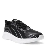 Championes deportivos Umbro modelo Biza, color negro con detalles en blanco y líneas plateadas. Presentan una suela de goma blanca con diseño ergonómico, cierre con cordones y una estructura de malla transpirable con refuerzos sintéticos.