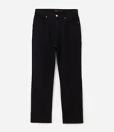 Pantalón masculino de sarga de algodón negro, corte recto con cintura con pasadores, cierre de botón y cremallera, y bolsillos funcionales en delantero y posterior.