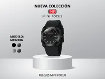 Reloj de pulsera Mini Focus modelo MF0248G, con caja y correa de silicona negra, movimiento de cuarzo japonés, cristal mineral resistente a los arañazos y resistencia al agua de 30 metros.