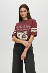 Remera de algodón color bordó con estampado estilo deportivo en el frente y franjas horizontales en las mangas. Presenta cuello redondo y un corte holgado.