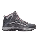 Bota de trekking Columbia modelo Crestwood Mid, diseñada con tecnología impermeable Omni-Tech. Presenta una combinación de gamuza y malla en tonos grises, con detalles en naranja en los cordones y el interior. Cuenta con entresuela TechLite para amortiguación y suela Omni-Grip para tracción en diversos terrenos.