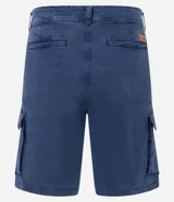 Bermuda cargo para hombre en sarga gris oscuro, con bolsillos laterales con solapa y cierre de botón y cremallera.