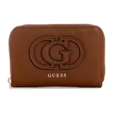 Billetera compacta Guess modelo Isola, color marrón, con cierre perimetral y logo de la marca en relieve en el frente.