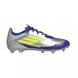 Championes de fútbol Adidas F50 League FG/MG Messi, plateados con detalles en azul y amarillo.