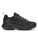 Championes de senderismo Merrell modelo Speed Strike 2 Waterproof, color negro con detalles en violeta. Diseño técnico con membrana impermeable, parte superior de malla y cuero sintético, y suela de goma con tracción de alta resistencia.