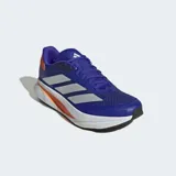Championes de running Adidas Duramo SL 2, color azul intenso con tres franjas laterales plateadas. Presentan detalles en naranja en el talón y en la mediasuela blanca con tecnología LIGHTMOTION.
