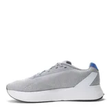 Championes de running Adidas modelo Duramo SL, color gris con detalles en azul brillante. Presentan una parte superior de malla transpirable, entresuela con tecnología de amortiguación LIGHTMOTION para mayor respuesta y suela de goma ADIWEAR de alta durabilidad.