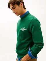 Buzo Tommy Hilfiger de cuello redondo, color verde, con corte regular y logo script bordado en el pecho. Está confeccionado íntegramente en felpa de puro algodón.