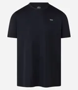 Remera deportiva de poliéster color gris claro, con cuello redondo, mangas cortas y recortes laterales de poliamida. Corte clásico.