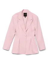 Blazer de color rosa claro, con solapa clásica, cierre frontal de un botón y corte ajustado a la cintura con pinzas.