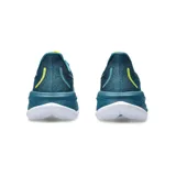 Championes de running Asics Gel Cumulus 26, color negro con detalles en verde lima y azul claro. Presentan tecnología PureGEL en el talón y entresuela FF Blast+ para mayor amortiguación.