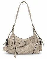 Cartera de hombro color beige con bolsillos exteriores, múltiples cierres, tiras con hebillas metálicas y herrajes plateados.