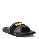 Sandalias tipo ojota Puma modelo Leadcat 2.0, con base negra y banda superior con estampado animal print y logo Puma en color dorado.