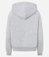 Saco femenino de algodón con capucha ajustable, mangas largas, cierre frontal con cremallera y bolsillos laterales.