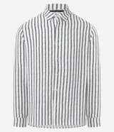 Camisa de manga larga con cuello inglés y cierre frontal de botones. Presenta un diseño de rayas verticales en tonos neutros, confeccionada en tejido de poliéster con caída estructurada y corte comfort.