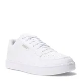 Championes Puma Caven 2.0 de estilo urbano inspirado en el básquetbol de los años 80. Presentan un diseño tricolor en blanco, negro y verde oscuro, con exterior sintético, cierre de cordones y suela de goma. Incluyen tecnología SOFTFOAM+ para mayor amortiguación y confort.