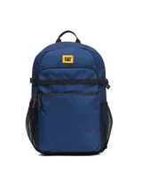 Mochila Cat modelo Noah, color azul, con bolsillo frontal con cierre, correas de compresión laterales, bolsillos laterales de malla y compartimento interno para laptop.