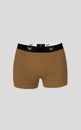 Pack de dos boxers ajustados color camel, con cintura elástica negra que presenta un patrón repetitivo de tijeras blancas.