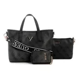 Set de cartera Guess modelo Latona II, compuesto por un bolso tipo tote pequeño, un sobre con cierre y un monedero pequeño. Todas las piezas presentan un diseño en color negro con estampado de monograma de la marca y detalles metálicos. Incluye una correa ancha ajustable con el logo de la marca tejido.