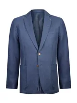Chaqueta azul navy marca RKF, de corte clásico con solapas de muesca, cierre frontal de dos botones, bolsillos de parche y forro interno contrastante.