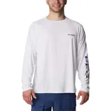 Remera de manga larga Columbia, diseñada para actividades al aire libre y pesca. Presenta un diseño de color blanco con cuello redondo, mangas raglán para mayor movilidad y el logo de la marca estampado en el pecho y en la manga izquierda. Confeccionada con tecnología Omni-Shade para protección solar UPF 50 y Omni-Wick para gestión de la humedad.