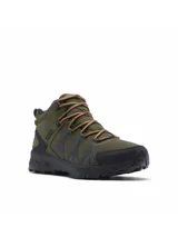 Bota de senderismo de media caña Columbia, color verde oliva con detalles en negro y cordones marrones. Presenta una construcción de malla sin costuras con refuerzos impresos en 3D, membrana impermeable OutDry, entresuela TechLite+ para amortiguación y suela Adapt Trax para tracción en terrenos variados.