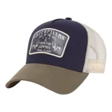 Gorro trucker Caterpillar con visera marrón, frente azul marino con parche gráfico de la marca y laterales de red en color beige.