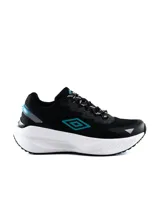 Championes deportivos Umbro Kron para hombre, color negro con entresuela blanca gruesa, detalles en turquesa y cordones bicolor.