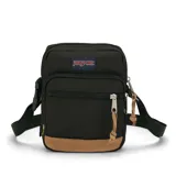 Morral bandolera Jansport negro con base marrón. Tiene dos compartimentos con cierre y correa ajustable.