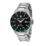 Reloj Maserati Sfida modelo R8853140005 para hombre. Caja de acero inoxidable plateada de 42mm, esfera negra con detalles en verde, cristal mineral y correa de acero inoxidable. Movimiento de cuarzo, resistente al agua hasta 100 metros.