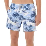 Short de baño para hombre, color celeste claro, con estampado de paisaje tropical en tonos azul oscuro y blanco. Presenta cintura elástica con cordón trenzado y bolsillos laterales.