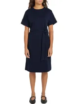 Vestido azul marino de algodón interlock de Tommy Hilfiger, con cuello redondo, manga corta y cinturón anudable.