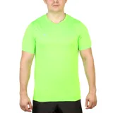Remera deportiva de manga corta, color verde flúor, con cuello redondo y logo pequeño reflectante en el pecho.