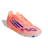 Championes de fútbol Adidas F50 League Fg/mg, color naranja con detalles en azul.