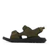 Sandalias de trekking Columbia modelo Konos Hiker 3-Strap, color verde militar con suela negra. Cuentan con tiras de ante y piel sintética con ajuste de velcro y detalles de la marca en amarillo.