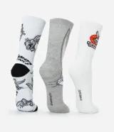 Kit de tres pares de medias de algodón de caña media con diseños de Bugs Bunny. Un par blanco con estampado de Bugs Bunny y la frase "What's up doc?", un par gris con la cara de Bugs Bunny y un par blanco con el logo de Looney Tunes y Bugs Bunny.