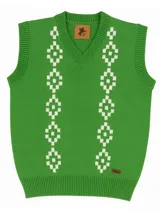 Chaleco de punto color verde con cuello en V y diseño geométrico en blanco.