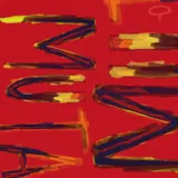 Pañuelo cuadrado con estampado artístico abstracto en tonos rojos, amarillos y oscuros, con trazos gestuales y dinámicos.